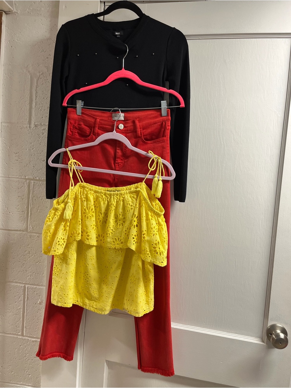 3 pc MARELLA Red Jeans/Yellow Eyelet Top/long sleeve top w/embellishment
